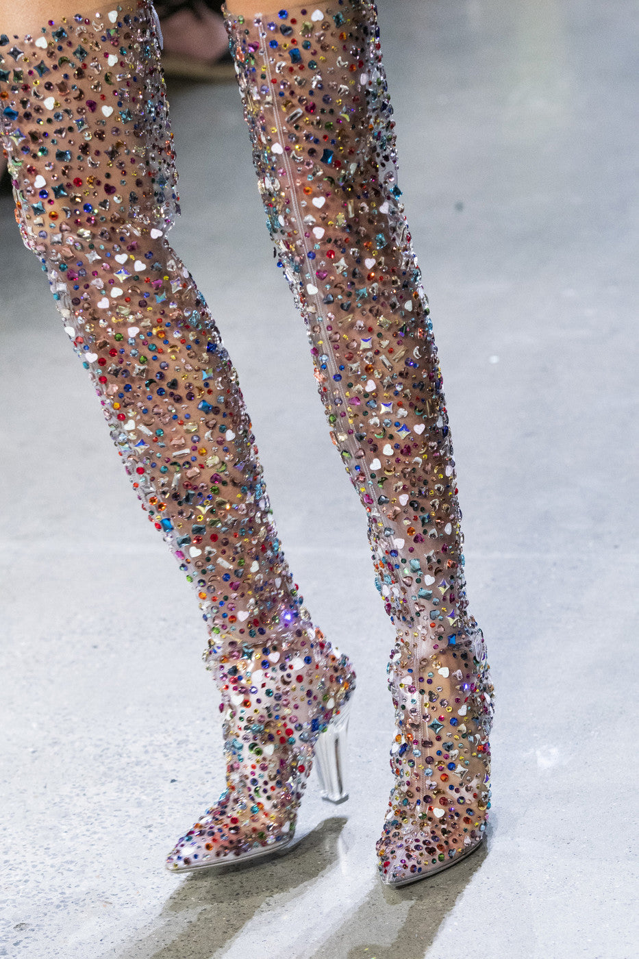 Abesire 2019 Las más nuevas mujeres Multi color Glitter Square Tacones altos Botas sobre la rodilla Damas Punta estrecha Zapatos con cremallera lateral