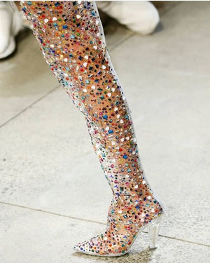 Abesire 2019 Las más nuevas mujeres Multi color Glitter Square Tacones altos Botas sobre la rodilla Damas Punta estrecha Zapatos con cremallera lateral